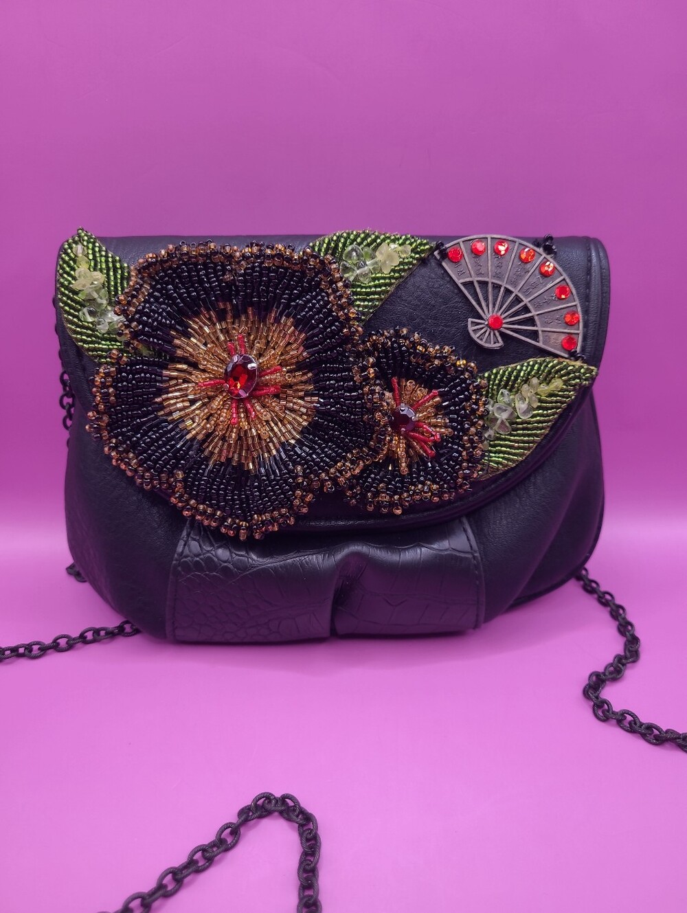 Vintage Mary Frances Black Leather Crossbody Purse Beaded Flowers Metal Chain - Picture 3 of 13
